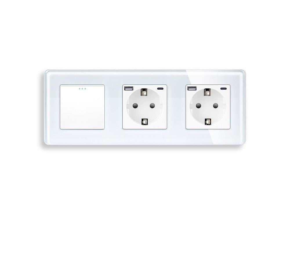 Выключатель проходной универсальный ELIOS с двумя розетками USB A+C 20Вт с заземлением/защитными шторками стекло Белый