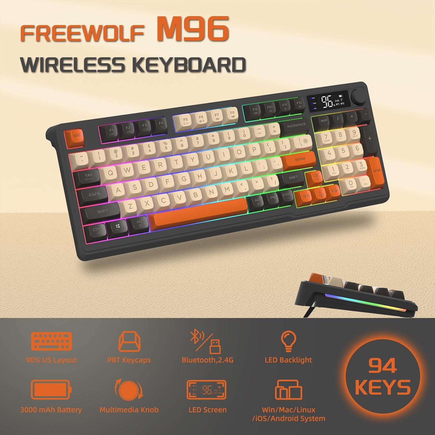 Клавіатура бездротова ігрова FREEWOLF M96 ручка керування Bluetooth 2,4G RGB/PBT 3000 мАг розкладка Qwerty Чорний - фото 5