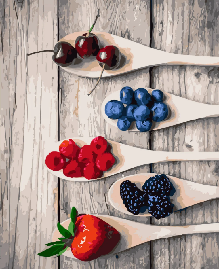 Картина по номерам Strateg Премиум Ложечки фруктов с лаком и уровнем 40x50 см (SY6809)