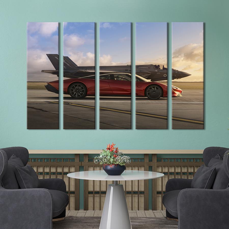Картина на холсте Красный гиперкар против истребителя 155x95 см (1364-51)