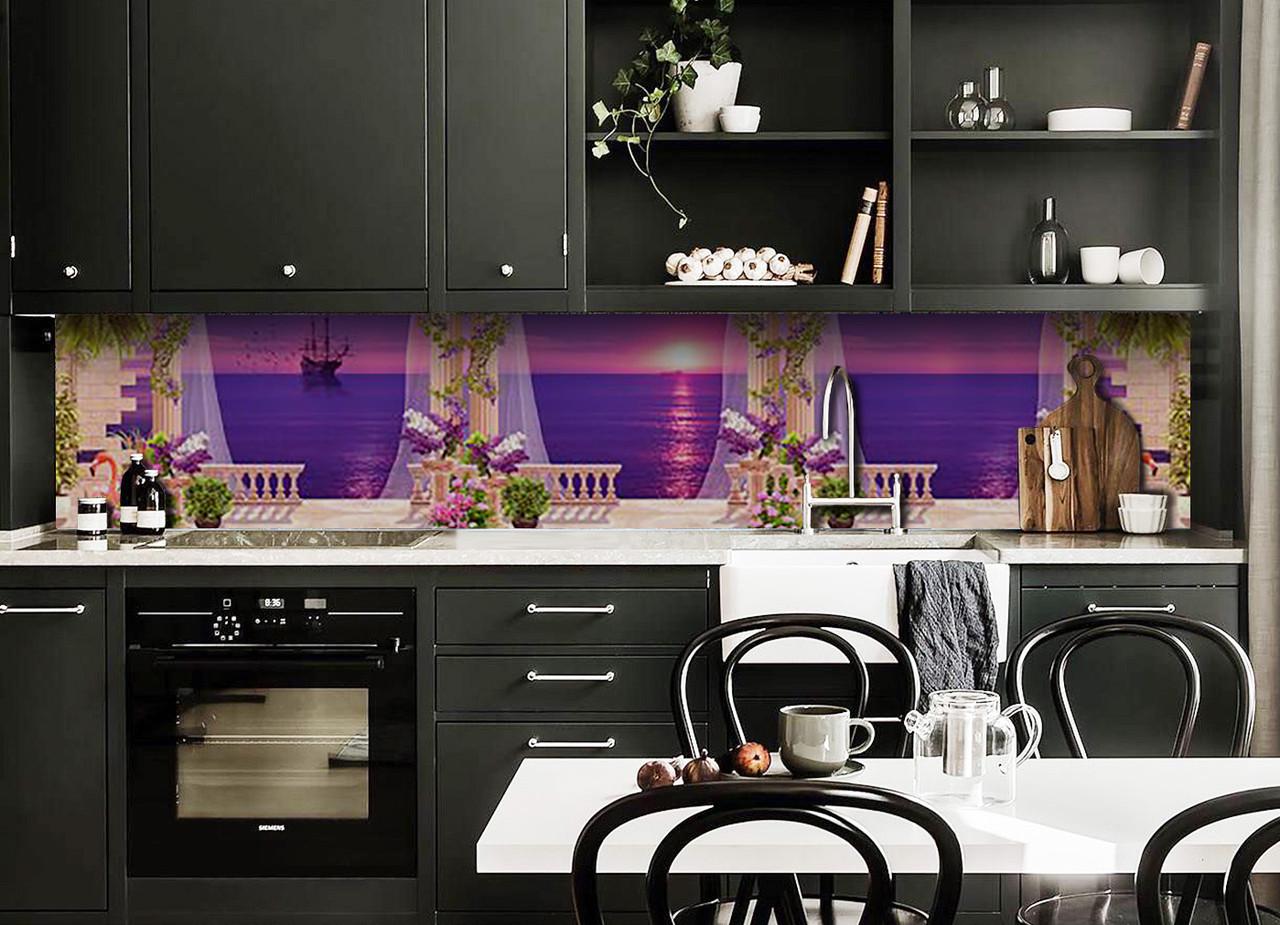 Кухонный фартук Солнечный закат на террасе из самоклеющейся виниловой пленки 60х250 см Фиолетовый