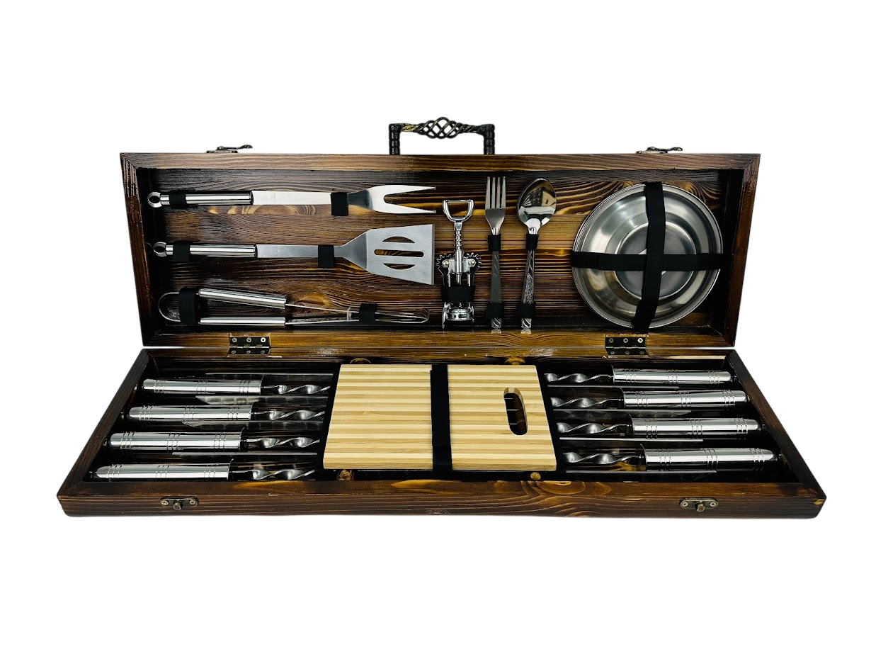 Набор шампуров ручной работы BBQ LUX с аксессуарами 31 предмет в кейсе 75х24х10 см Коричневый (124-10-KS-7807)