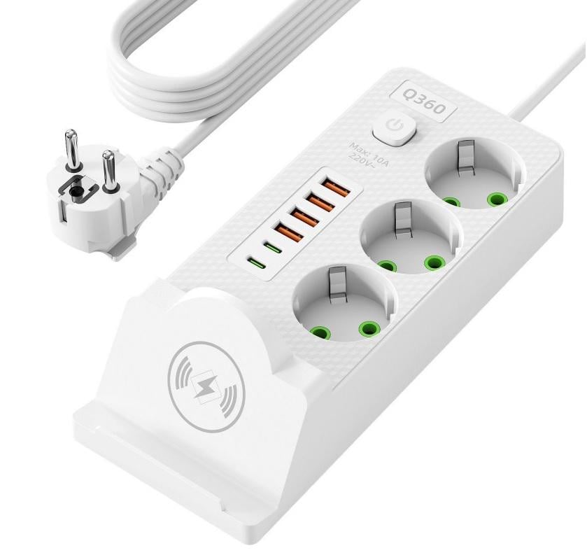 Удлинитель сетевой с беспроводной зарядкой 3 розетки 4 USB 2 Type-C PD 3 м Белый