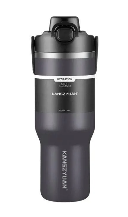 Термос из нержавеющей стали KANGZYUAN с трубочкой и ручкой 1000 мл Черный (2456186569)
