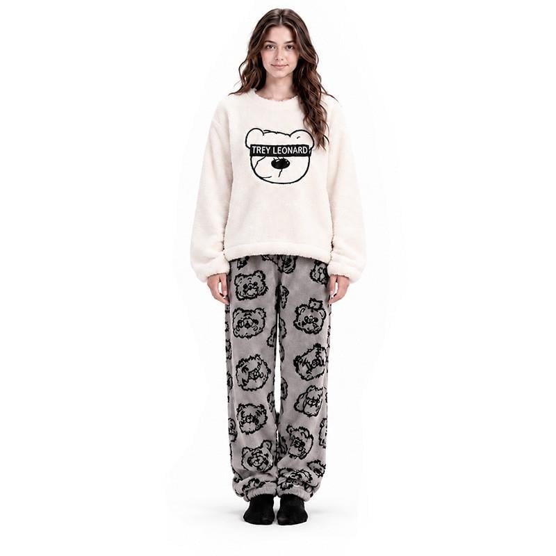 Пижама женская теплая Lesko Bear 2XL Белый/Серый (38786895)