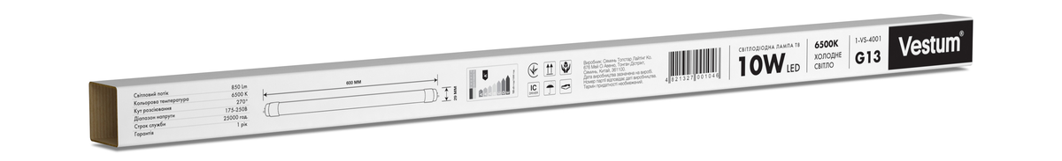 Світлодіодна лампа T8 10W 850 Лм 6500K 175-250V G13 1-VS-4001 600 мм - фото 2 Світлодіодна лампа T8 10W 850 Лм 6500K 175-250V G13 1-VS-4001 600 мм - фото 2