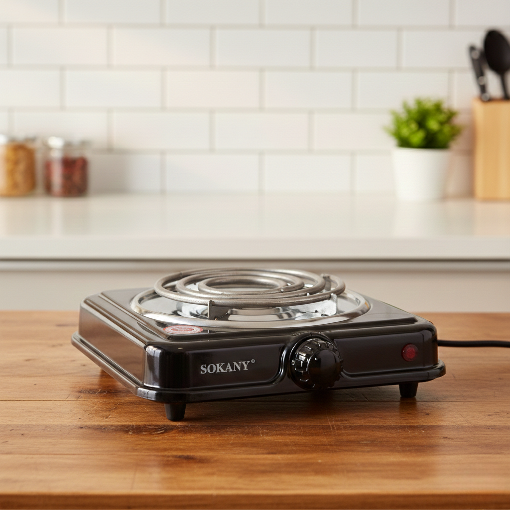 Настільна електрична плита спіральна на 1 конфорку 125 мм SOKANY SK-5111 з регулюванням температури 5 режимів 1 кВт Чорний (SK-5111)