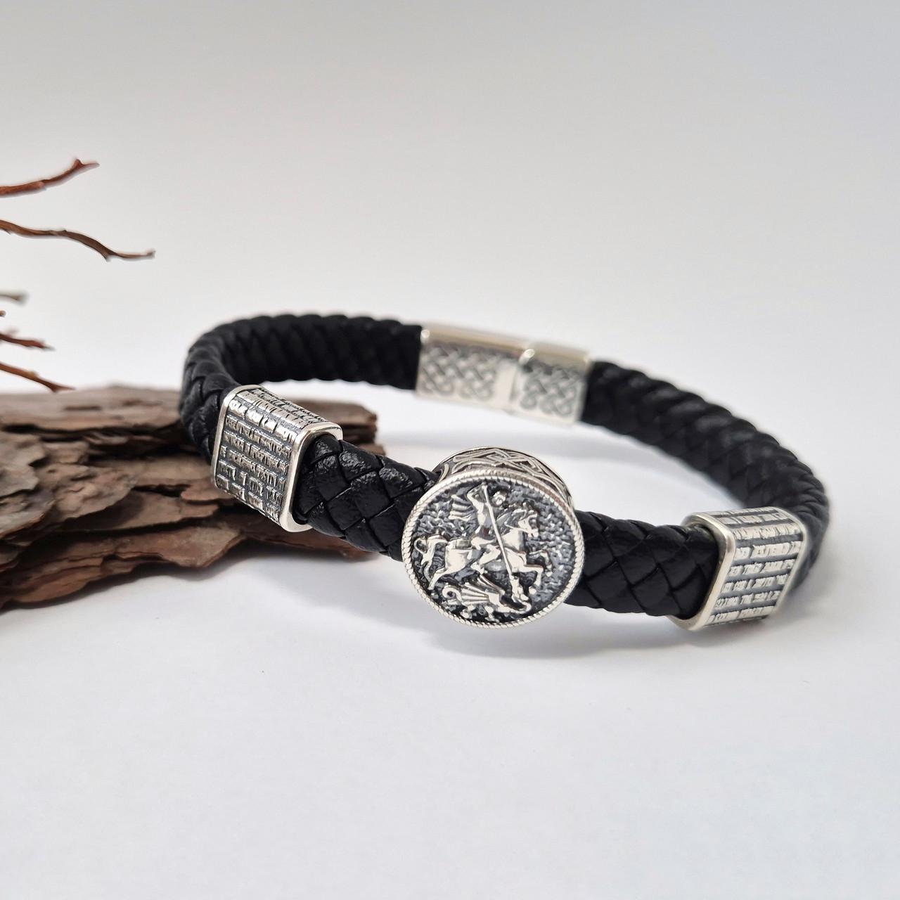 Браслет кожаный широкий Георгий Победоносец с молитвой серебро 925 пробы черненное 23,7 21 см (75334)