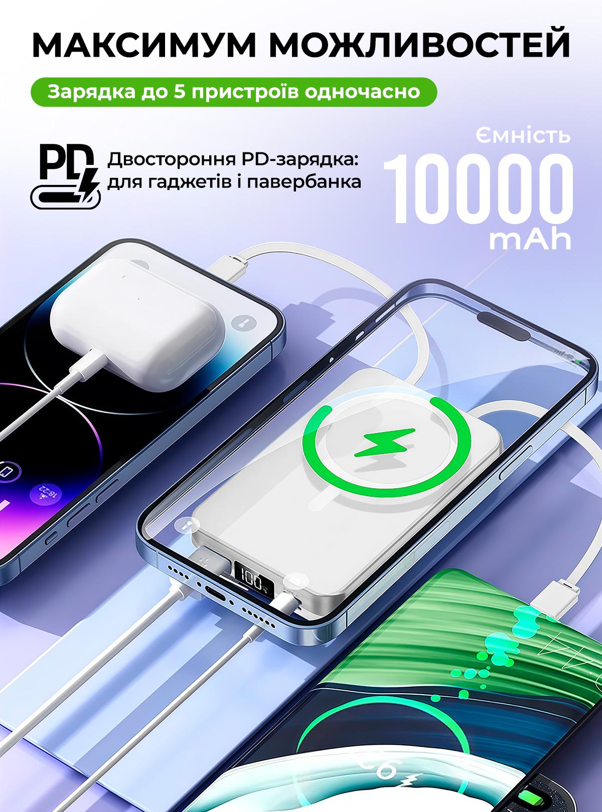 Повербанк OnePro з magsafe та кабелями Type-C Lighthing 10000 mah Білий (73741) - фото 6