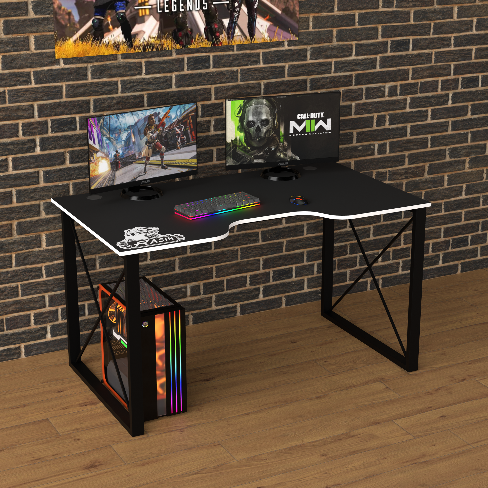 Стол геймерський ергономічний Zeus Rasin LOFT-13 метал/ламінована ДСП Чорно-білий (Rs-13)