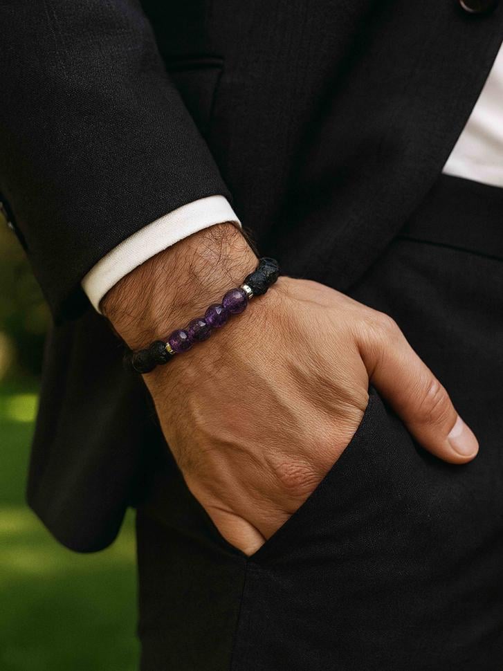 Браслет мужской из вулканической лавы и аметиста (4678) Браслет мужской из вулканической лавы и аметиста (4678)