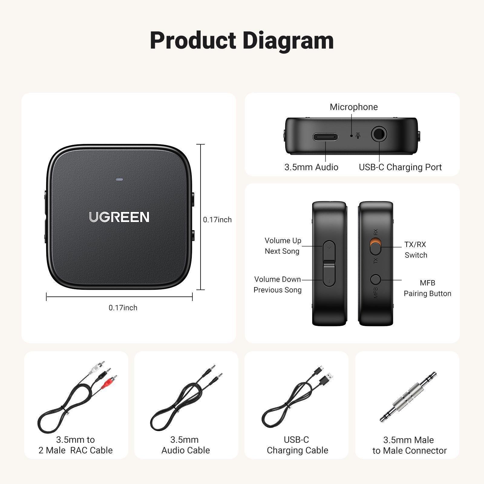 Адаптер UGREEN Bluetooth 5.2 приймач-передавач USB-C-3,5 мм minijack AUX стерео 27 годин Чорний (35223) - фото 7 Адаптер UGREEN Bluetooth 5.2 приймач-передавач USB-C-3,5 мм minijack AUX стерео 27 годин Чорний (35223) - фото 7