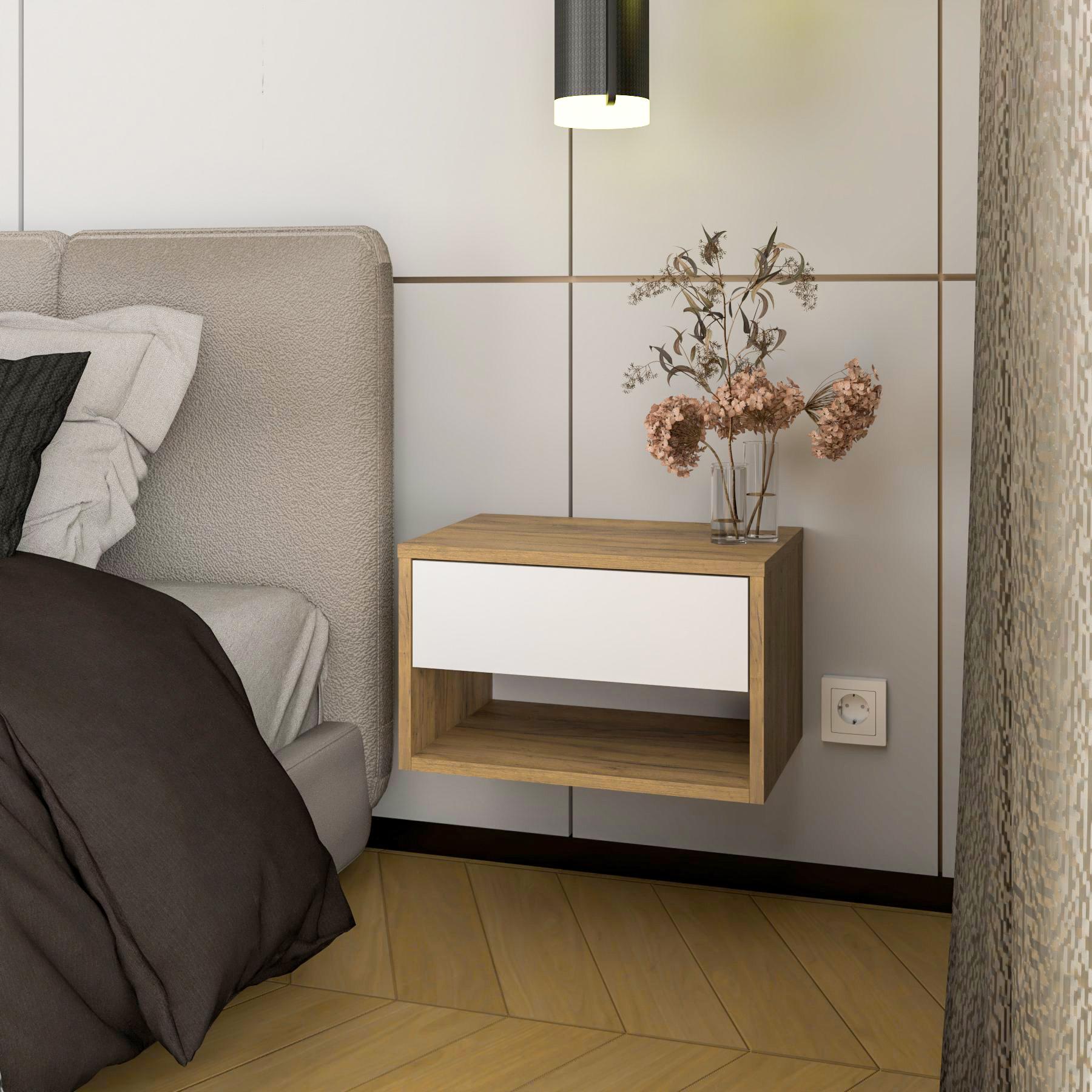 Тумба прикроватная навесная FH-Rein с выдвижным ящиком 452х276х301 мм Дуб Крафт Золотой/Белый (fh-rain-gold-wh) - фото 1 Тумба прикроватная навесная FH-Rein с выдвижным ящиком 452х276х301 мм Дуб Крафт Золотой/Белый (fh-rain-gold-wh) - фото 1