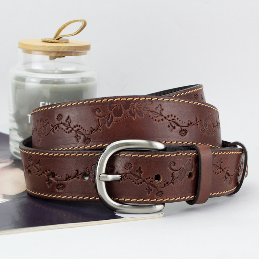 Ремень кожаный женский SF-3531 с цветами 125 см Коричневый