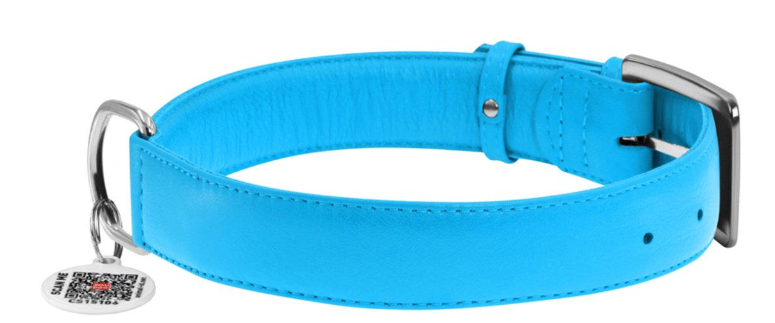 Ошейник для собак кожаный WAUDOG Glamour с QR паспортом без украшений M Ш 20 мм Д 30-39 см Голубой (Collar32932)