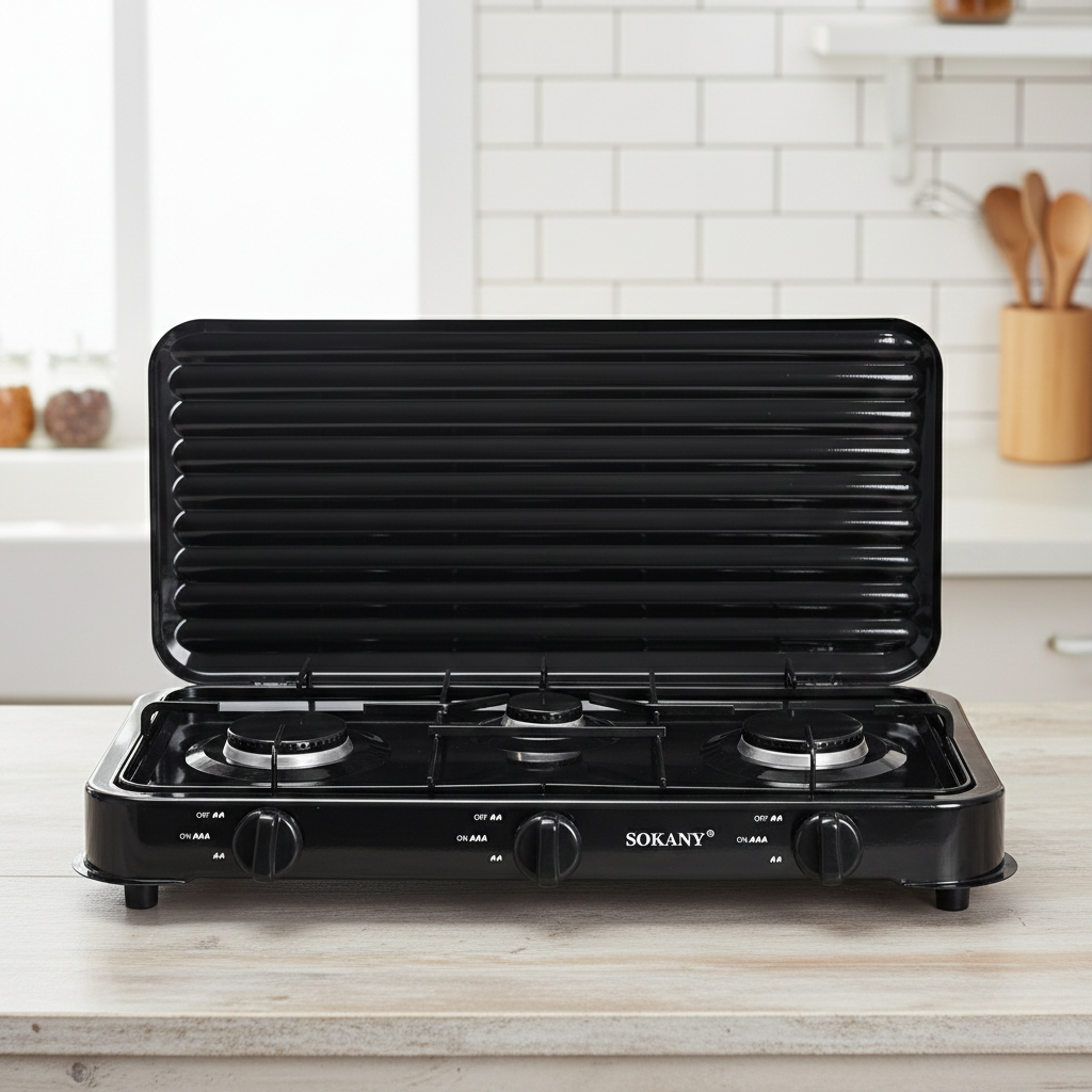 Настільна газова плита на 3 конфорки Sokany SK-6003 під балонний газ для дачі та будинку 5.5 кВт Чорний (SK-6003B)