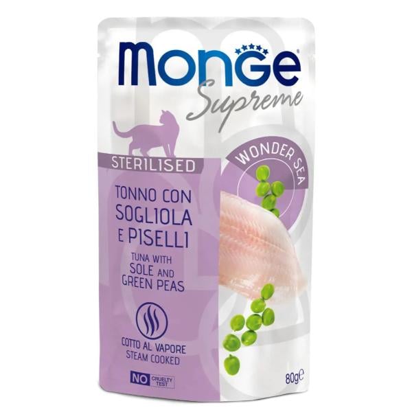 Корм для кошек Monge Cat Wet Sterilised тунец с камбалой и зеленым горошком 0,08 (27260445)