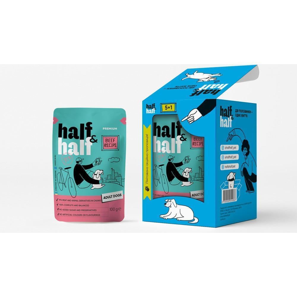 Набор влажных кормов для взрослых собак Half&Half 5+1 кусочки с говядиной в соусе паучи 6 шт./100 г (SZ1111214335)