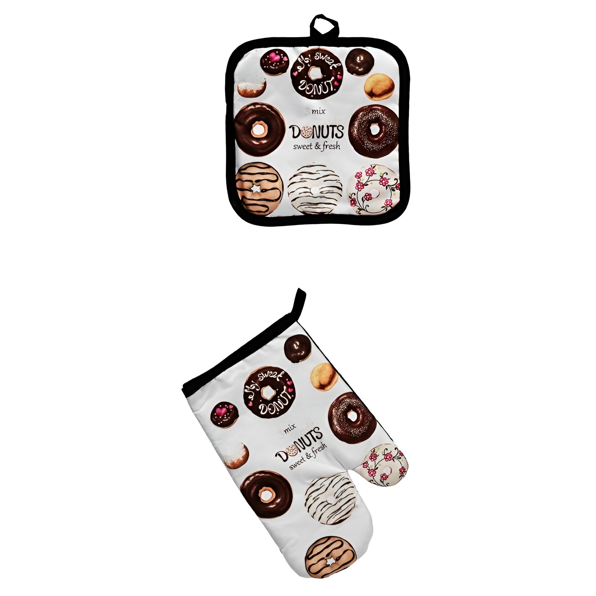 Набор рукавица-прихватка и полотенце Stenson Donuts яркий принт полиэстер 16х25 и 17х17 см Белый (R32344)