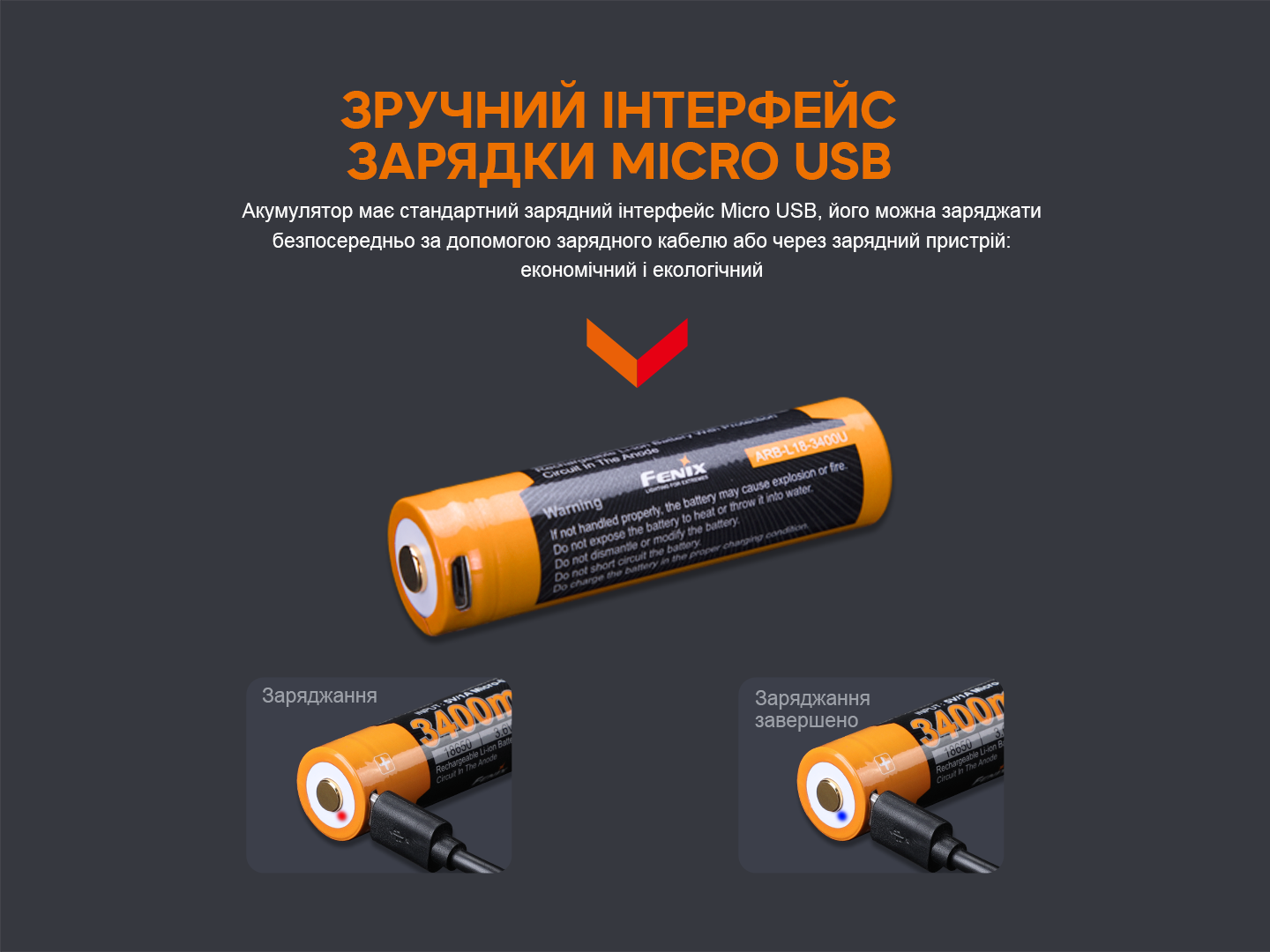 Аккумулятор Fenix 18650 3400 mAh 3,6V Li-ion с micro-USB зарядкой Черно-желтый - фото 10 Аккумулятор Fenix 18650 3400 mAh 3,6V Li-ion с micro-USB зарядкой Черно-желтый - фото 10