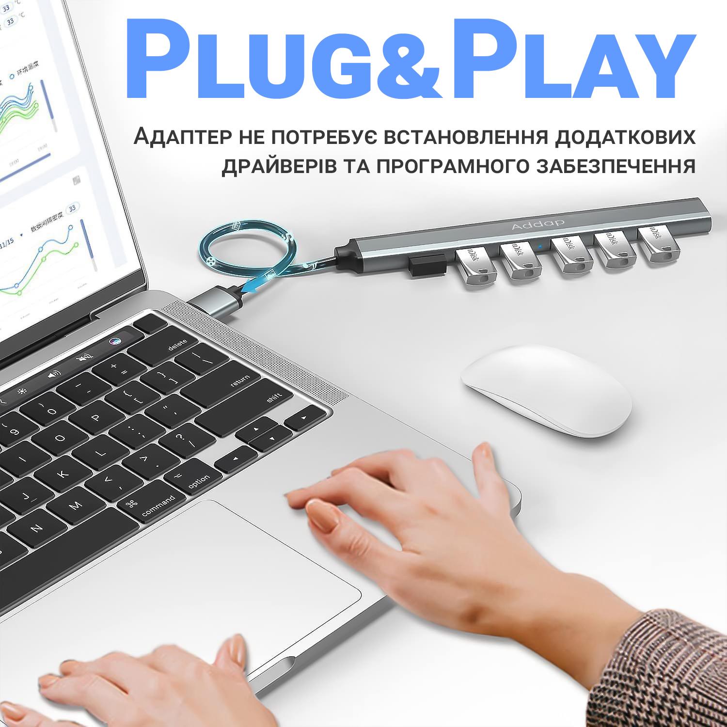 Концентратор/розгалужувач USB Type-C Addap UH-04С для ноутбука на 7 портів USB Gray - фото 9 Концентратор/розгалужувач USB Type-C Addap UH-04С для ноутбука на 7 портів USB Gray - фото 9