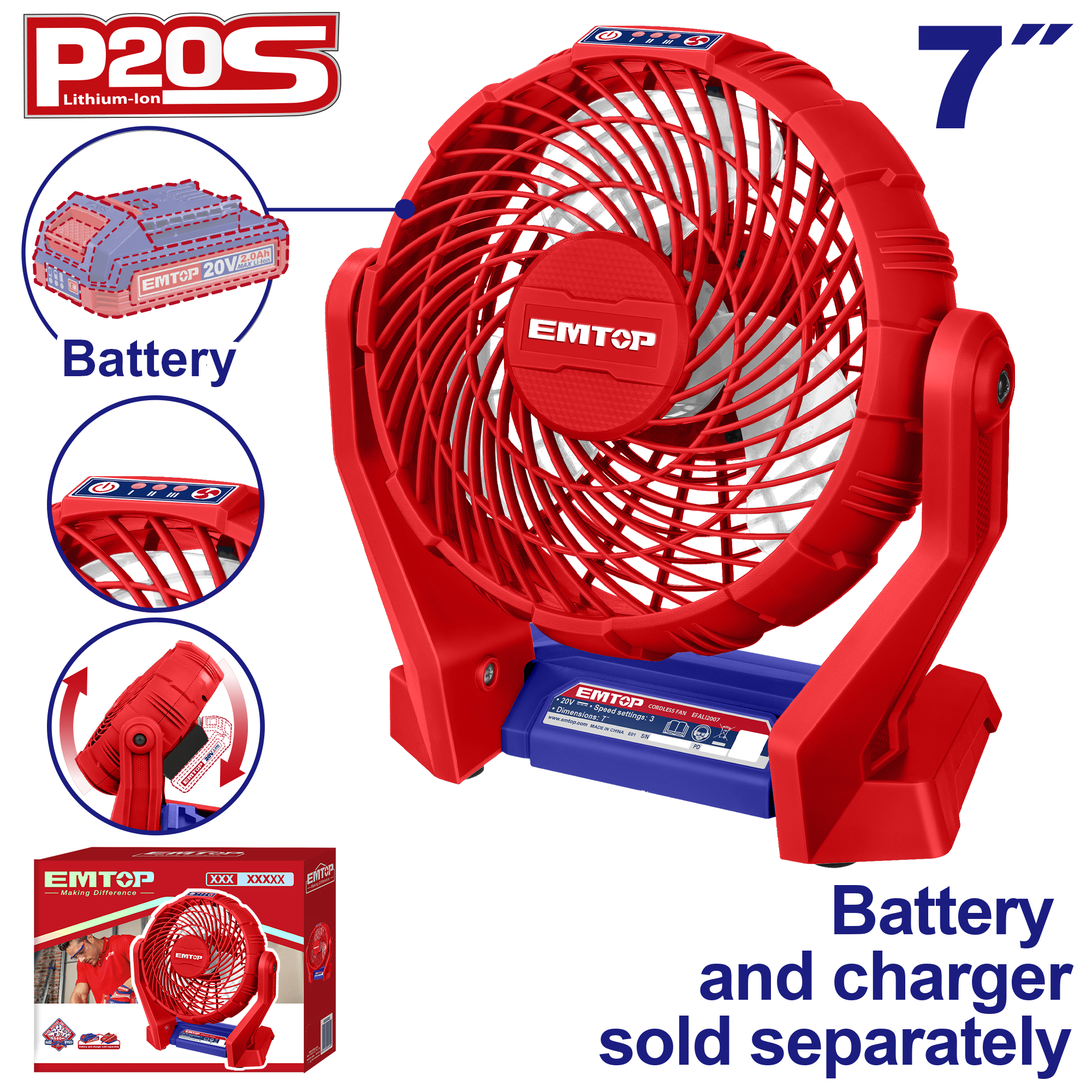 Вентилятор акумуляторний EMTOP EFALI2007 без АКБ та ЗП - фото 2