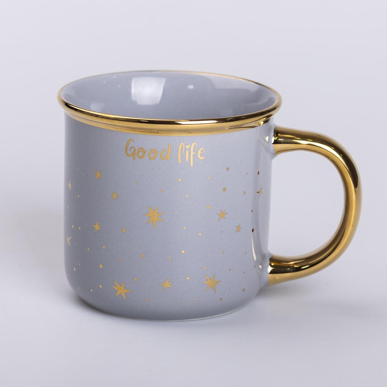 Чашка керамическая "Good life" с золотым ободком и позолоченной ручкой 320 мл Серый