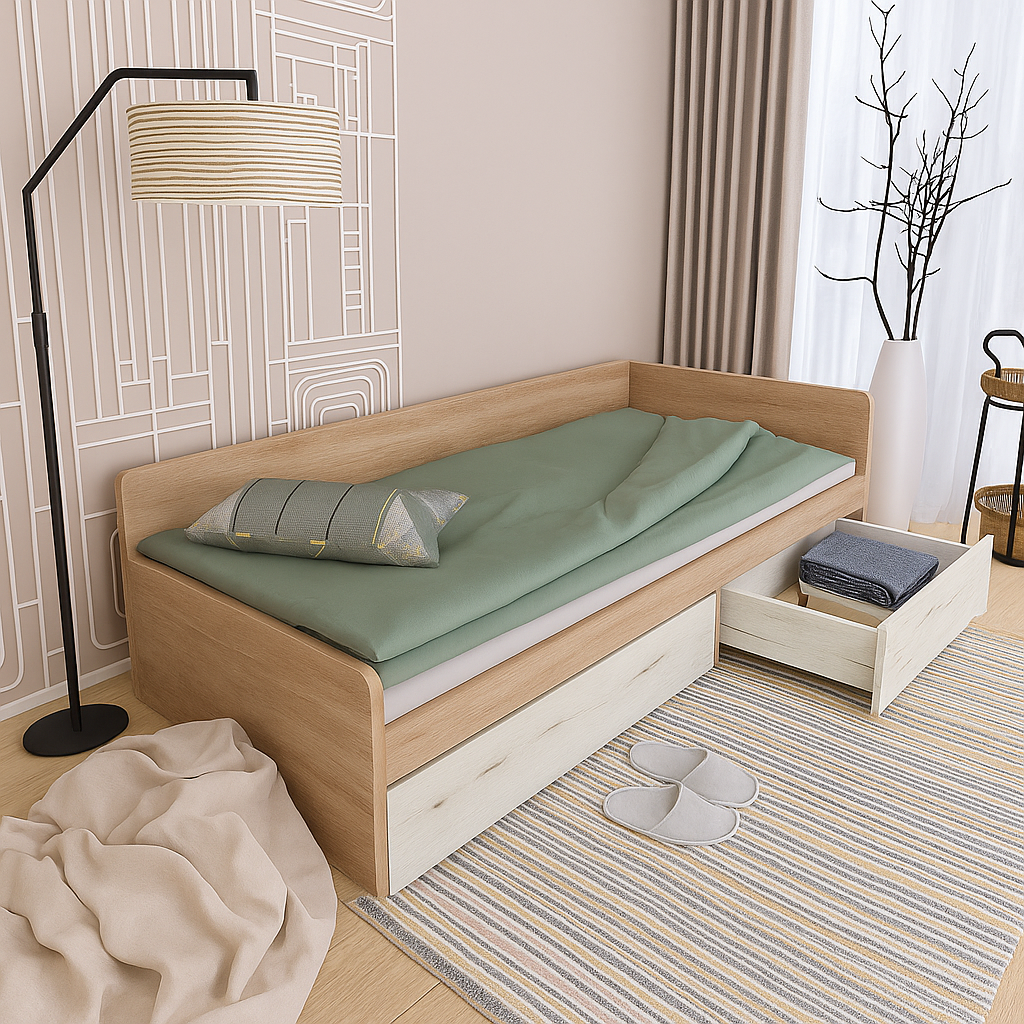 Кровать детская с ящиками Еверест 800 ЩИТ ДСП Дуб сонома/Крафт белый (е-207452)