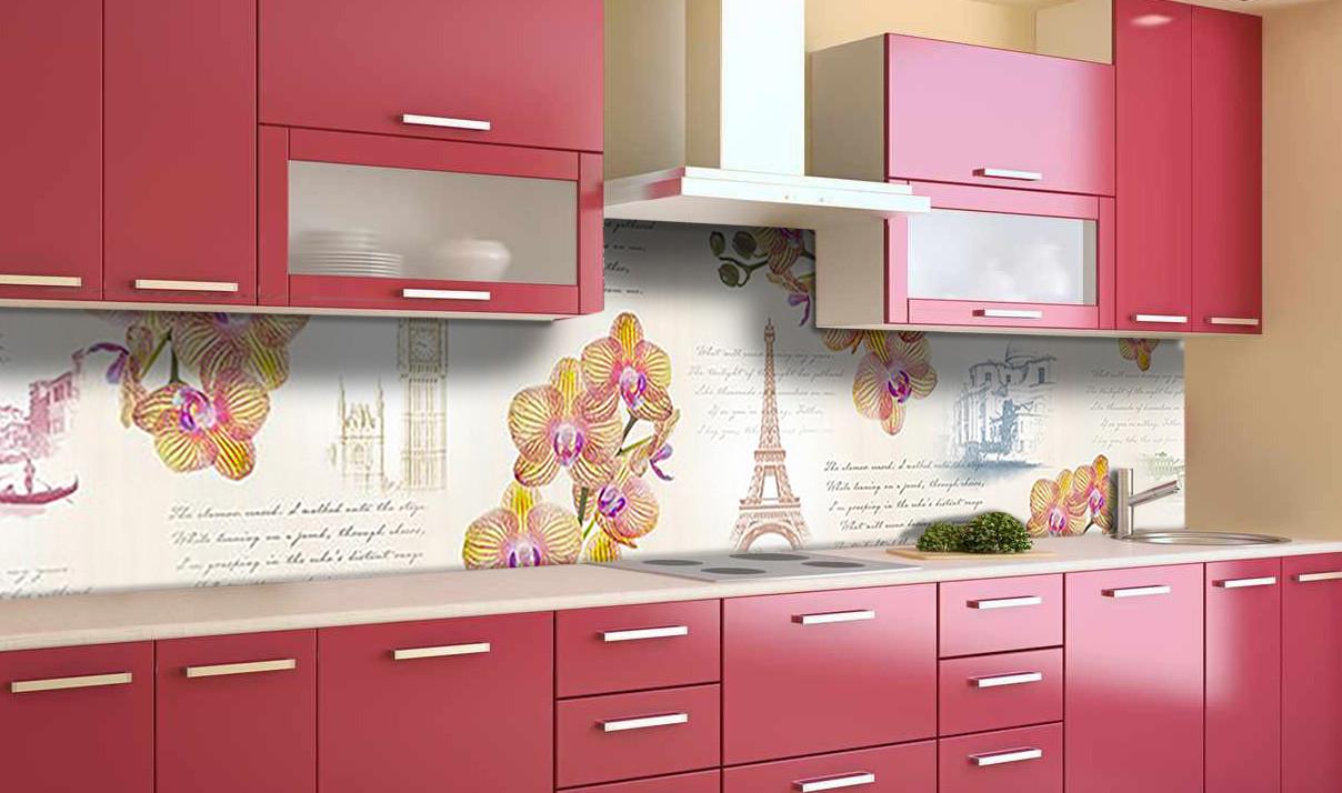 Кухонный фартук Орхидеи пленка из самоклеющейся виниловой пленки 65х250 см Оранжевый