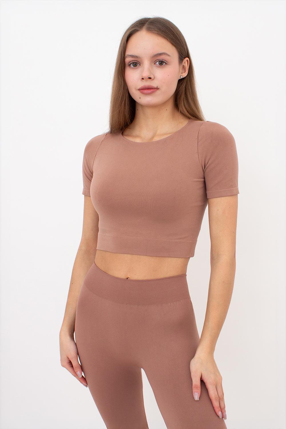 Топ з коротким рукавом та круглим вирізом Giulia CROP T-SHIRT S/M Brown-mokko (4823116929340)