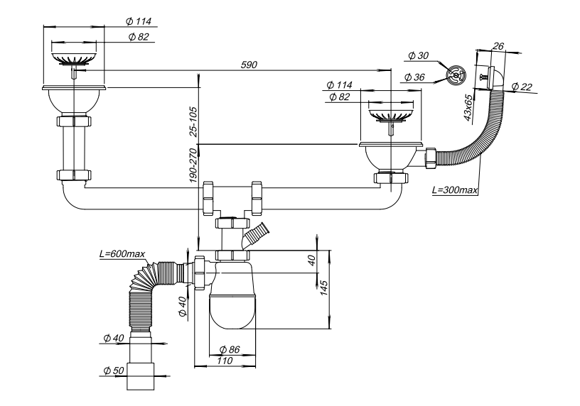 Сифон для двойной мойки разного уровня SoloPlast К1551 с переливом и отводом для техники (28144619) - фото 2