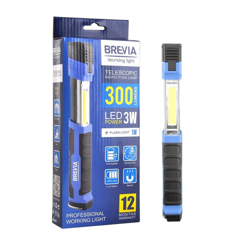 Лампа инспекционная телескопическая Brevia LED 3W COB+1W LED 300 lm 2000 mAh microUSB (11350)