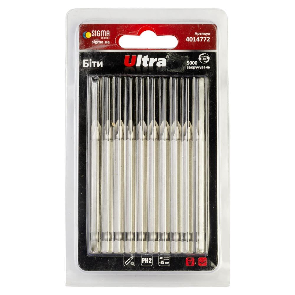 Набор бит Ultra PH2 x 75 мм 1/4" 10 шт. S2 в блистере (4014772)