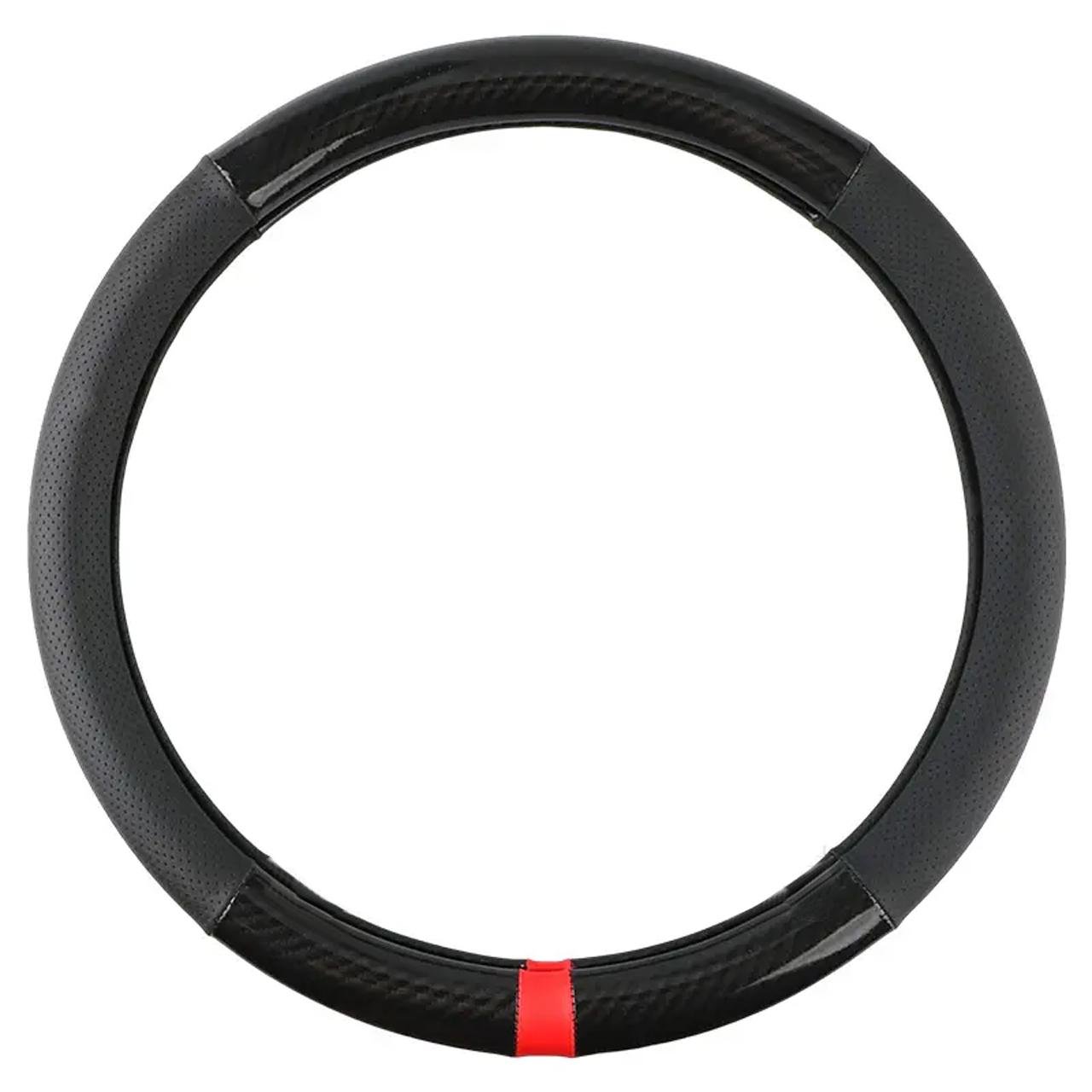 Чехол для рулевого колеса автомобиля универсальный оплетка под углеродное волокно и эко кожа 38 см Черный/Красный
