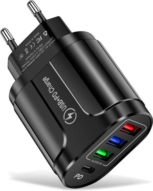 Зарядное устройство сетевое TRw 3 USB Type-C Super Charge/Quick Charge 3.0 5V/2.4A Black (HP050557)