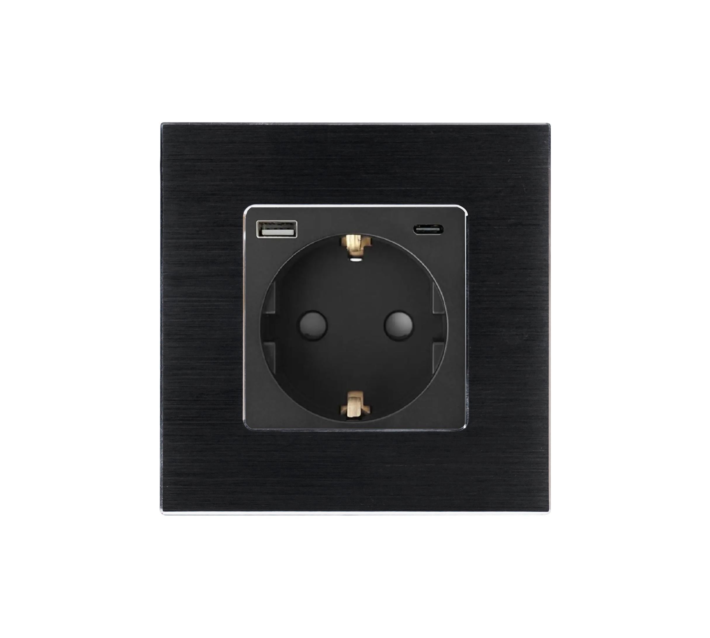 Розетка настенная WALLPAD с USB A+C 20Вт с заземлением сенсорная/ 250В 16А алюминиевая рамка Черный (WP-GAC-BK)