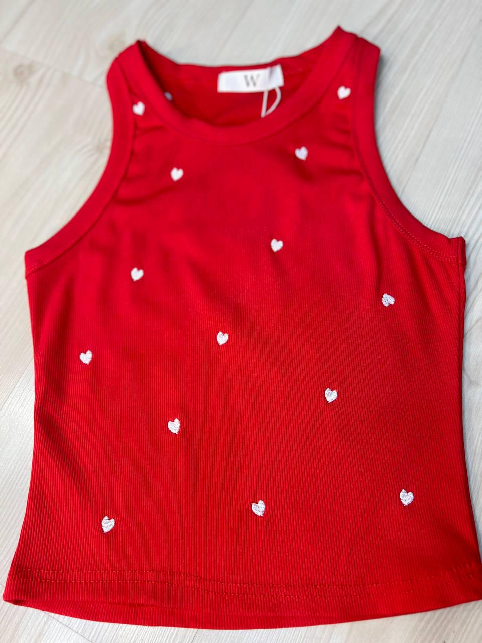 Майка женская W 9223 рубчик вышитые сердца OS Красный (2096) - фото 2 Майка женская W 9223 рубчик вышитые сердца OS Красный (2096) - фото 2