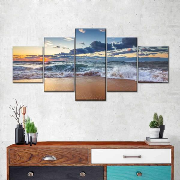Модульная картина Волны на закате из пяти частей 162x72 см (M5_L_12)