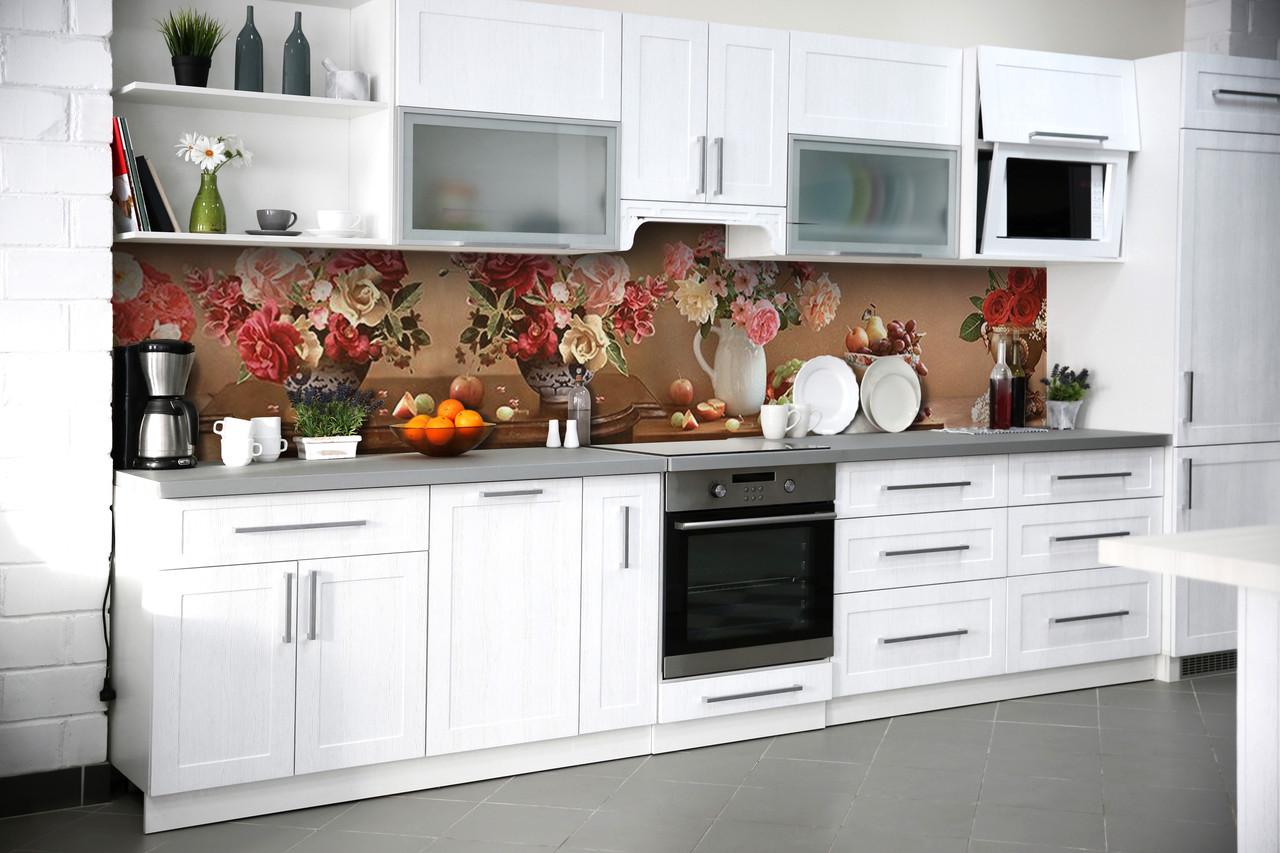 Кухонный фартук Пышные букеты пионы розы из самоклеящейся виниловой пленки 60х250 см Коричневый