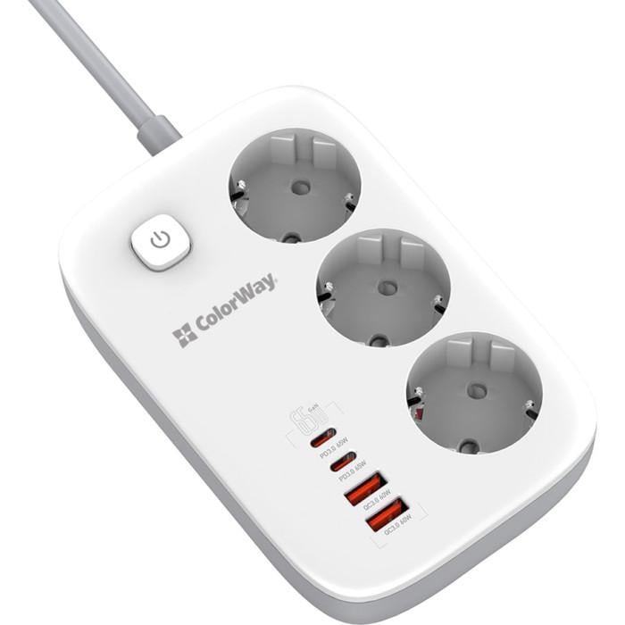 Сетевой фильтр ColorWay CW-CHE34PDW GaN3 Pro PD 65W 3 розетки 2 USB-A 2 USB-C 2 м White (26075395) - фото 2 Сетевой фильтр ColorWay CW-CHE34PDW GaN3 Pro PD 65W 3 розетки 2 USB-A 2 USB-C 2 м White (26075395) - фото 2