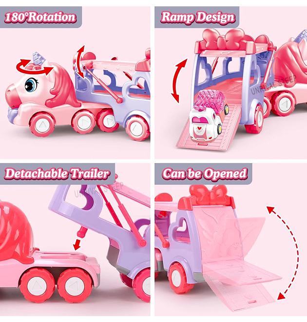Набор игровых машинок Единорог для девочек автовоз инерционный и 4 машинки с подсветкой Розовый - фото 10 Набор игровых машинок Единорог для девочек автовоз инерционный и 4 машинки с подсветкой Розовый - фото 10