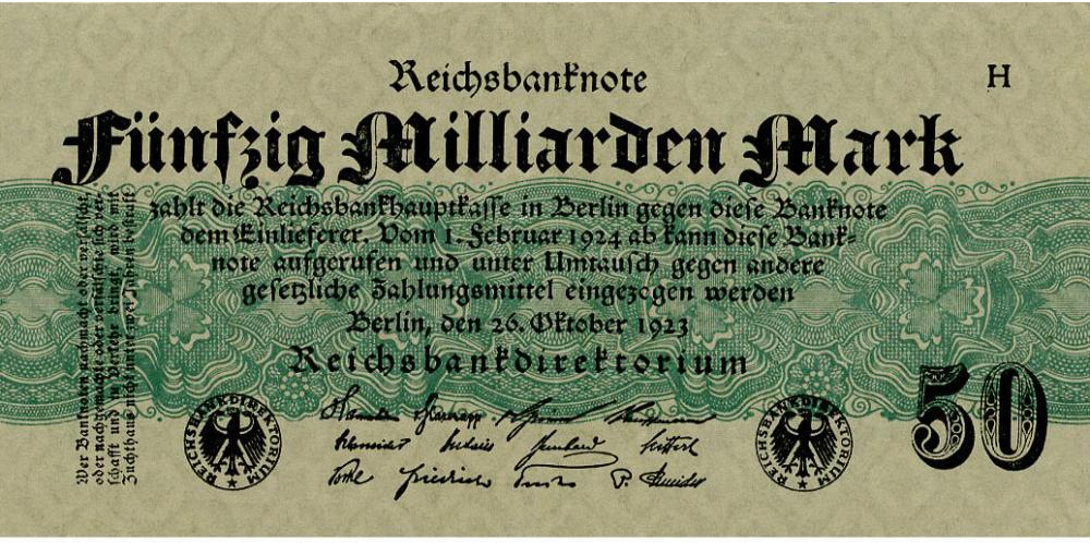 Коллекционная банкнота Германия 50000000000 марок 1923 VF-AU 50 миллиардов (P125a)