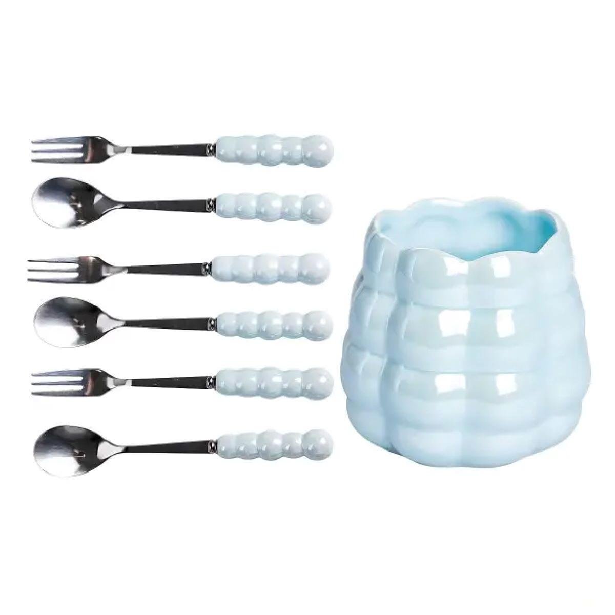 Набір десертних виделок і ложок на 3 персони з підставкою 7 пр. Блакитний - фото 2