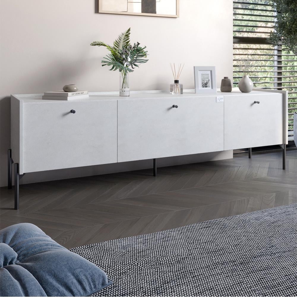 Тумба под телевизор на 3 ящика Lion Wood с черными ножками 160х65х40 см Бетон style (000-000-2344)