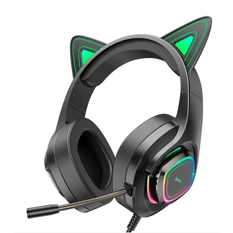 Наушники проводные с ушками HOCO Cute cat luminous W107 RGB подсветкой Black (019976)