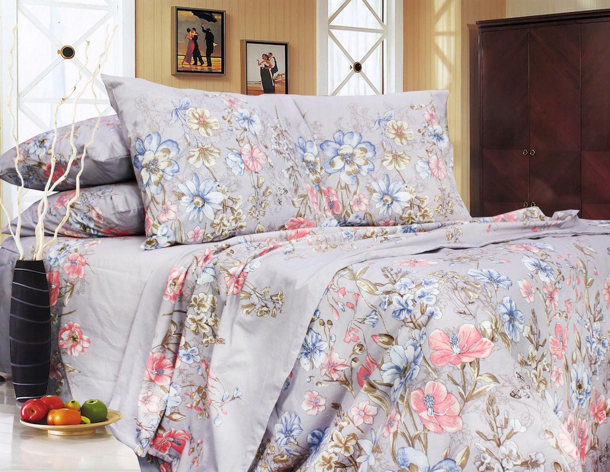 Комплект постельного белья семейный Еней-плюс Т0643 Серый/Голубой/Розовый