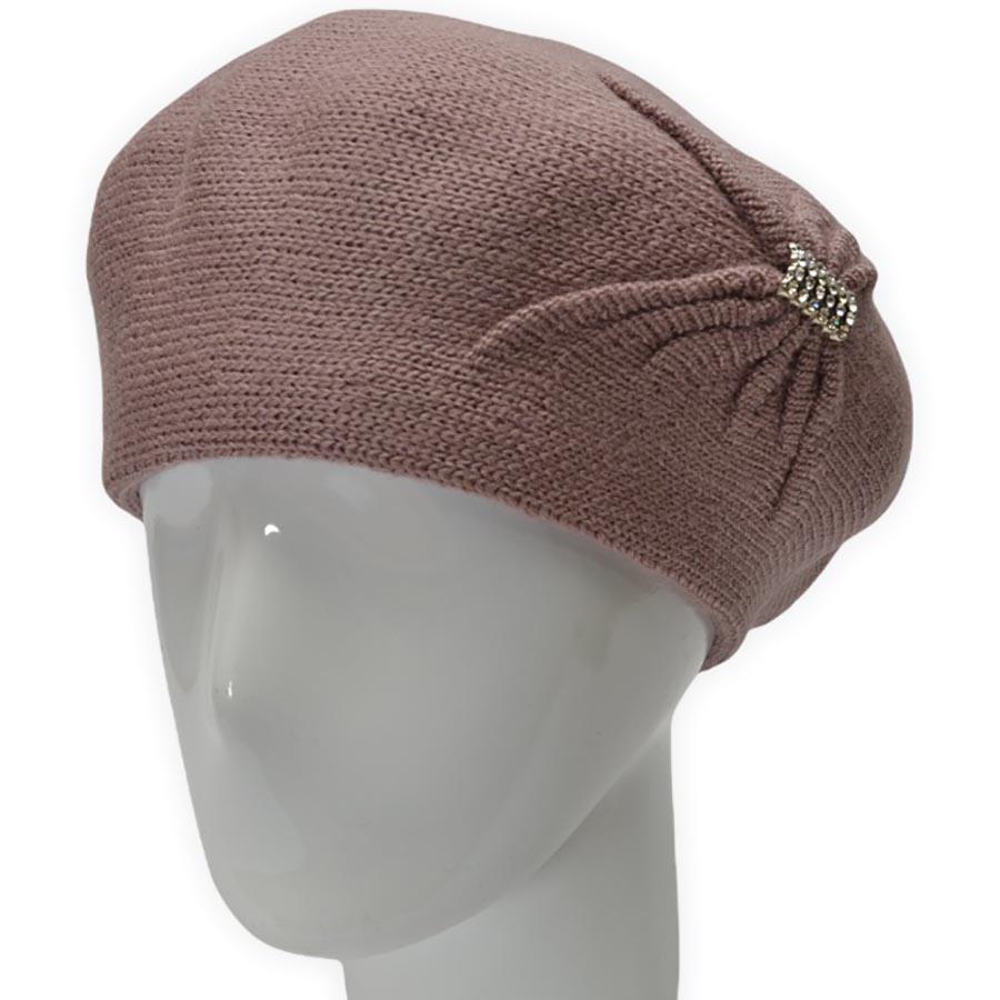 Берет женский Lirus Бонжур из шерсти двойной с узором сбоку и брошью Светло-пудровый