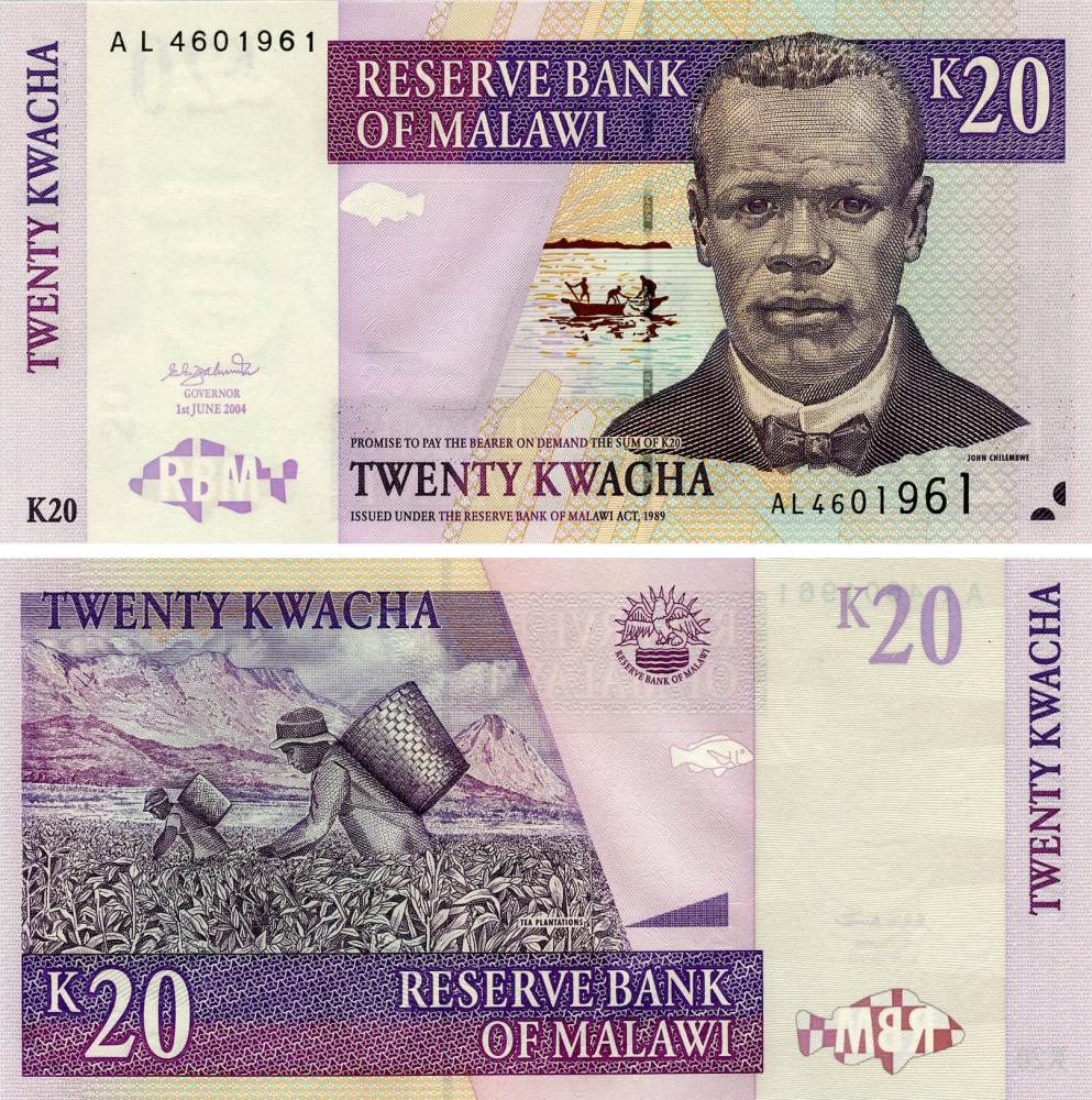 Коллекционная банкнота Малави 20 квача 2004 UNC P52a (Б18298)