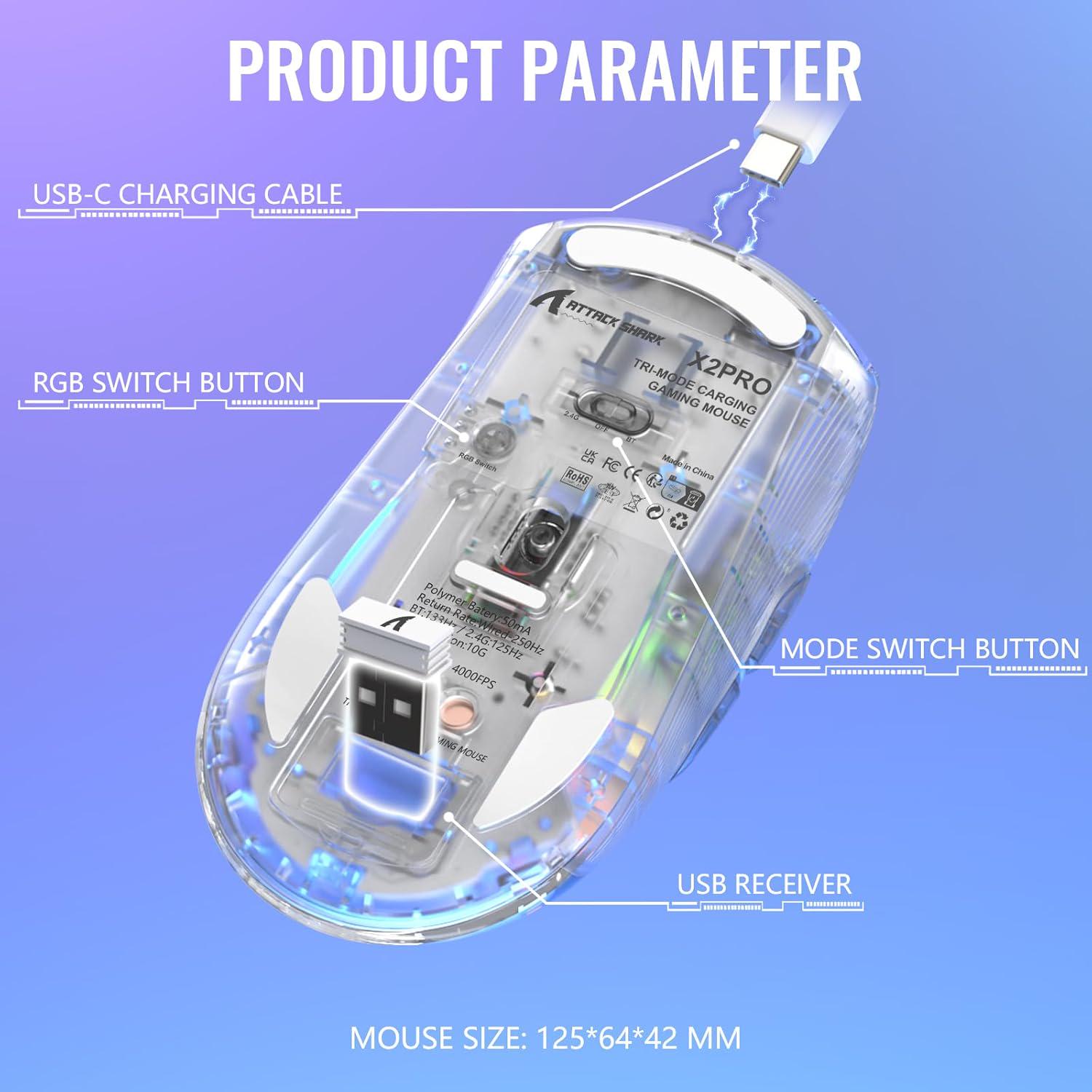 Мышка игровая беспроводная attack shark X2 Pro RGB 3 режима 2,4 G/Bluetooth/кабель/док станция 4000 DPI White - фото 7 Мышка игровая беспроводная attack shark X2 Pro RGB 3 режима 2,4 G/Bluetooth/кабель/док станция 4000 DPI White - фото 7