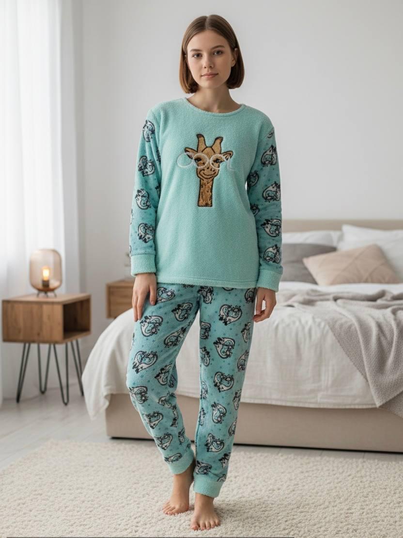 Пижама для девочки теплая полар флис BAYKAR Mini Moon Жираф 134 см Мятный (7009)